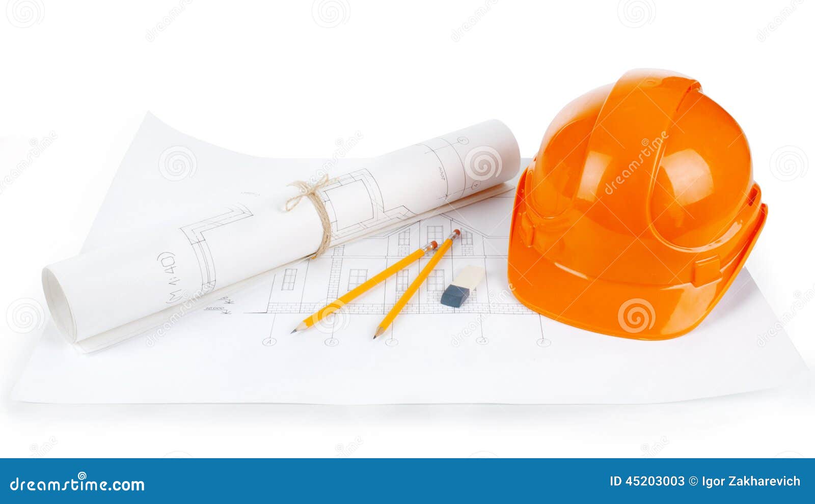 Image of Blueprints with Level Pencil and Hard Hat on Table Stock Image