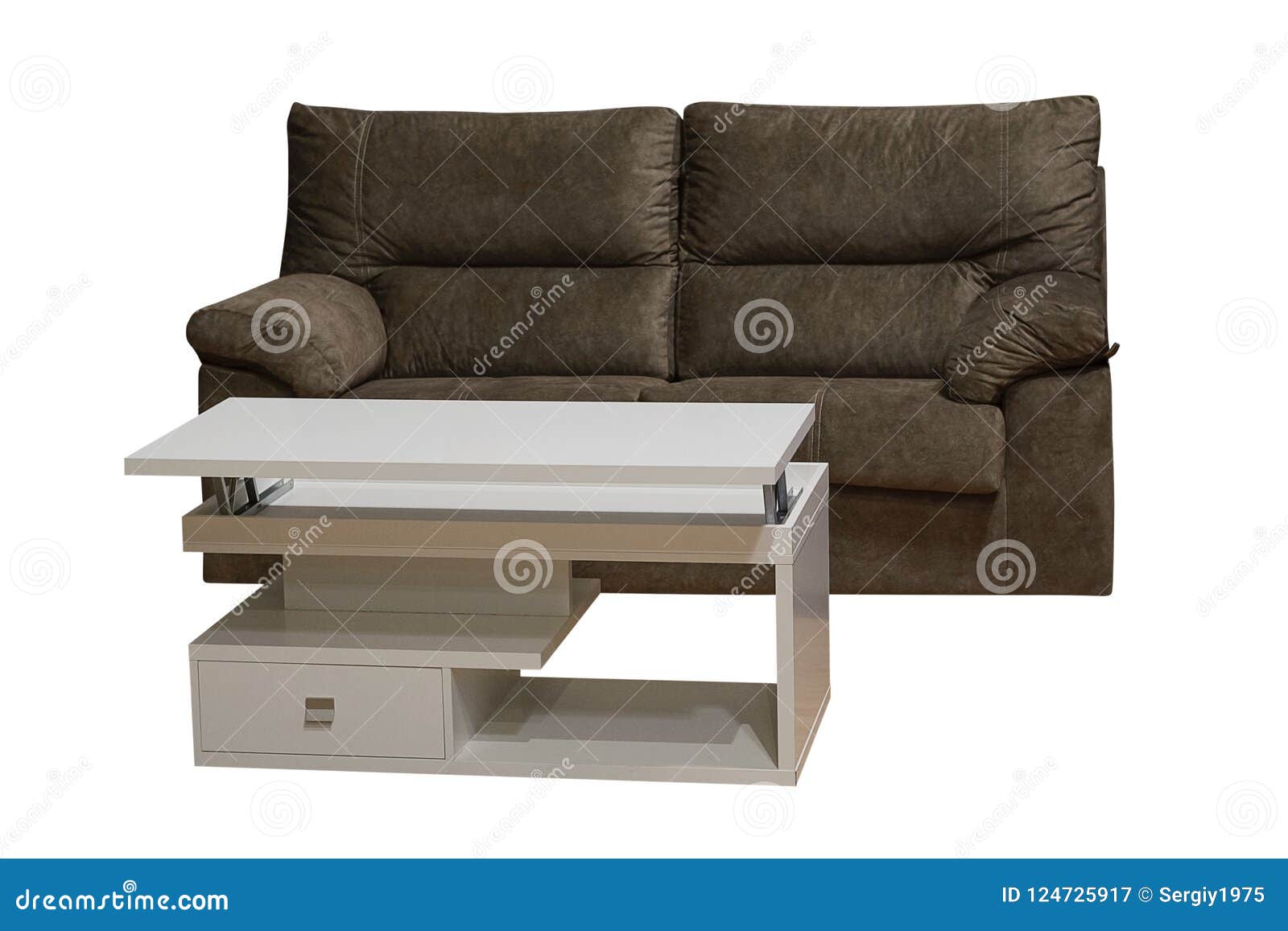Brown Sofa with White Coffee Table Isolated on White Background Stock