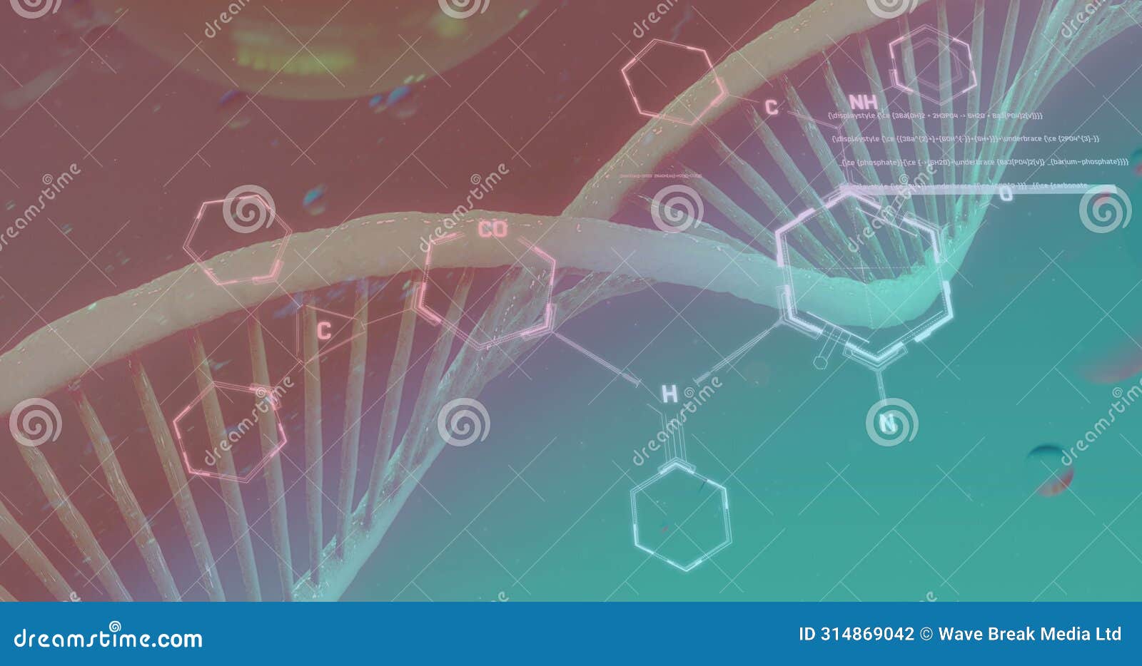 image of bubbles over dna strand and chemical formula on blue background