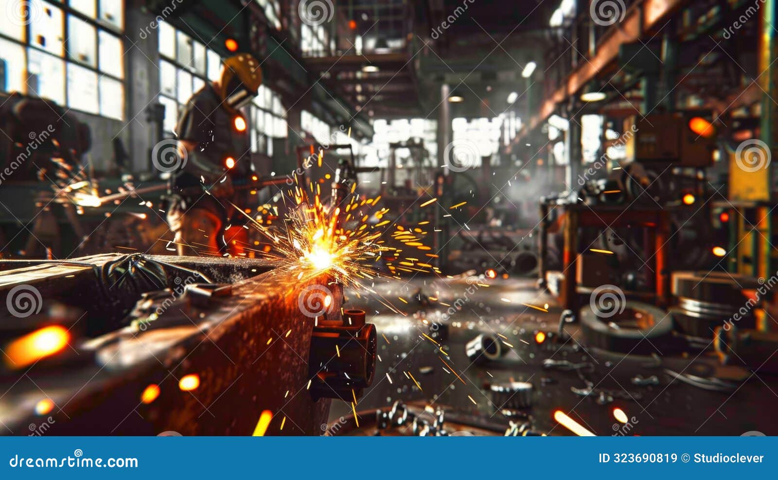 industrial welding sparks in a busy factory, generative ai