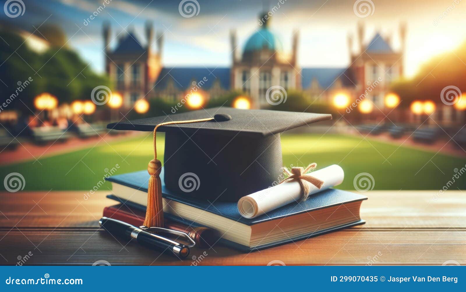 graduation cap and diploma on books with university campus background, ai generated
