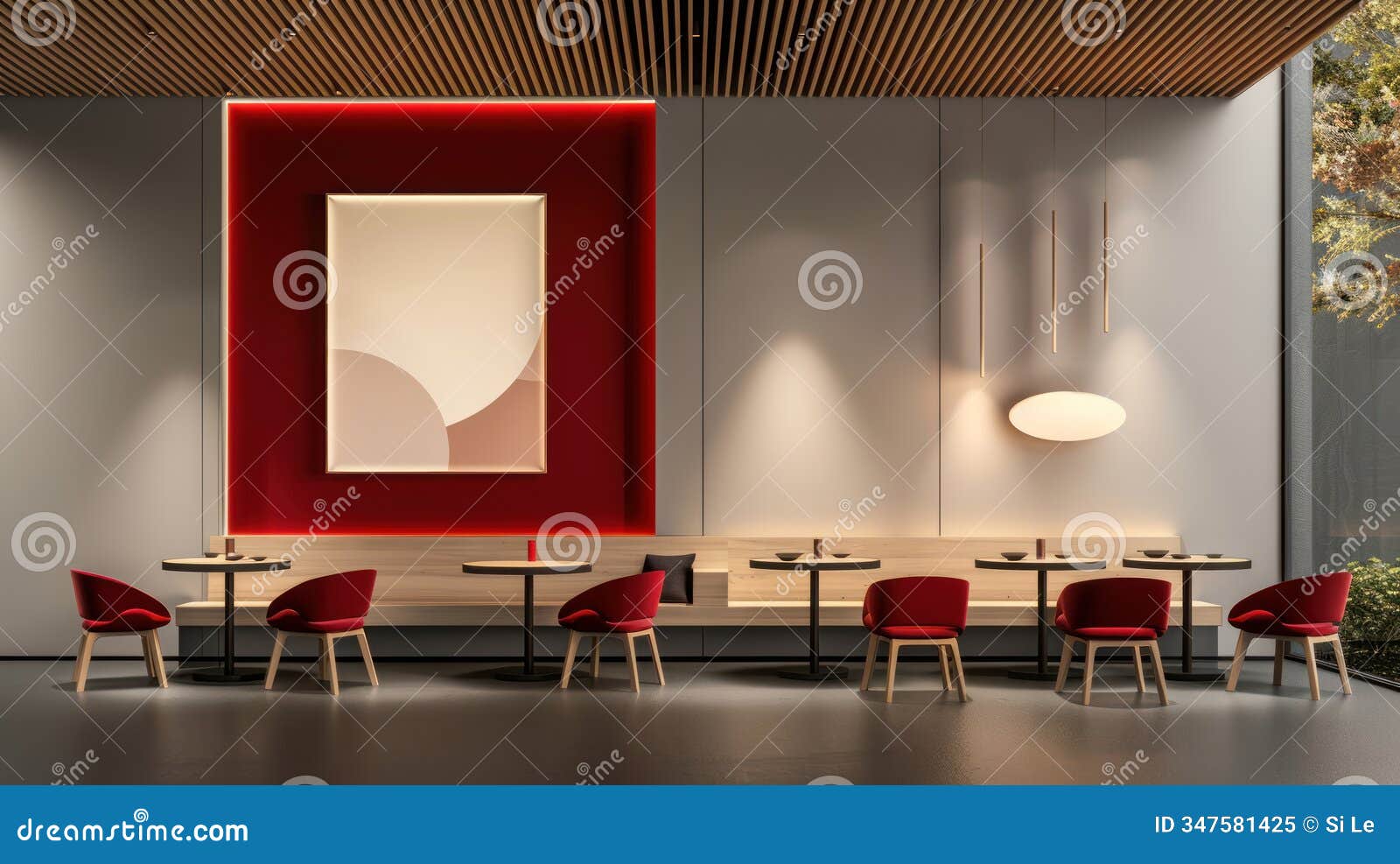contemporary cafe interior with blank poster, stylish furniture, and red color scheme - perfect for advertising space