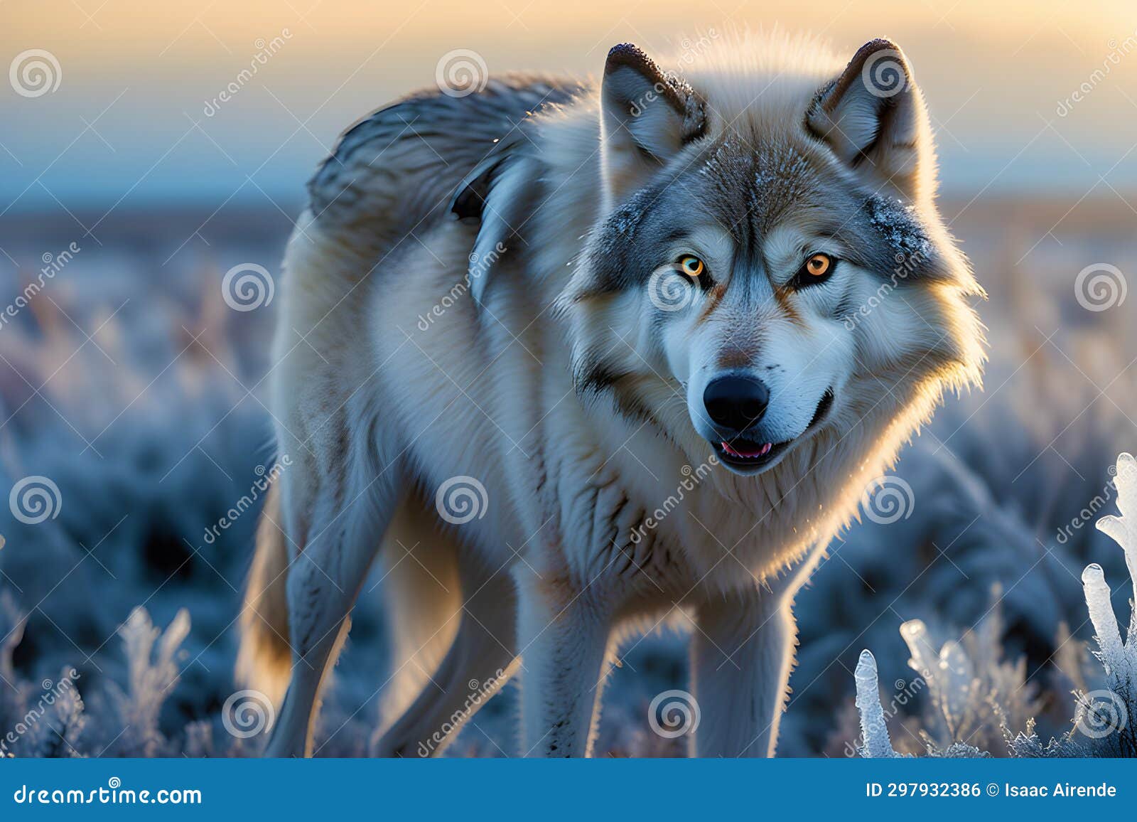 image captures the intense gaze of a wolf, deeply immersed in a direct and compelling stare straight into the lens.