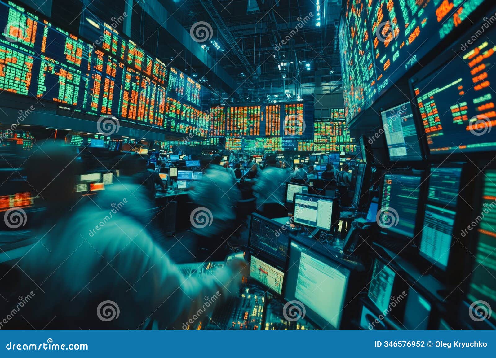 a lively trading room bustling with activity. monitors display colorful data and charts. the atmosphere is energetic and