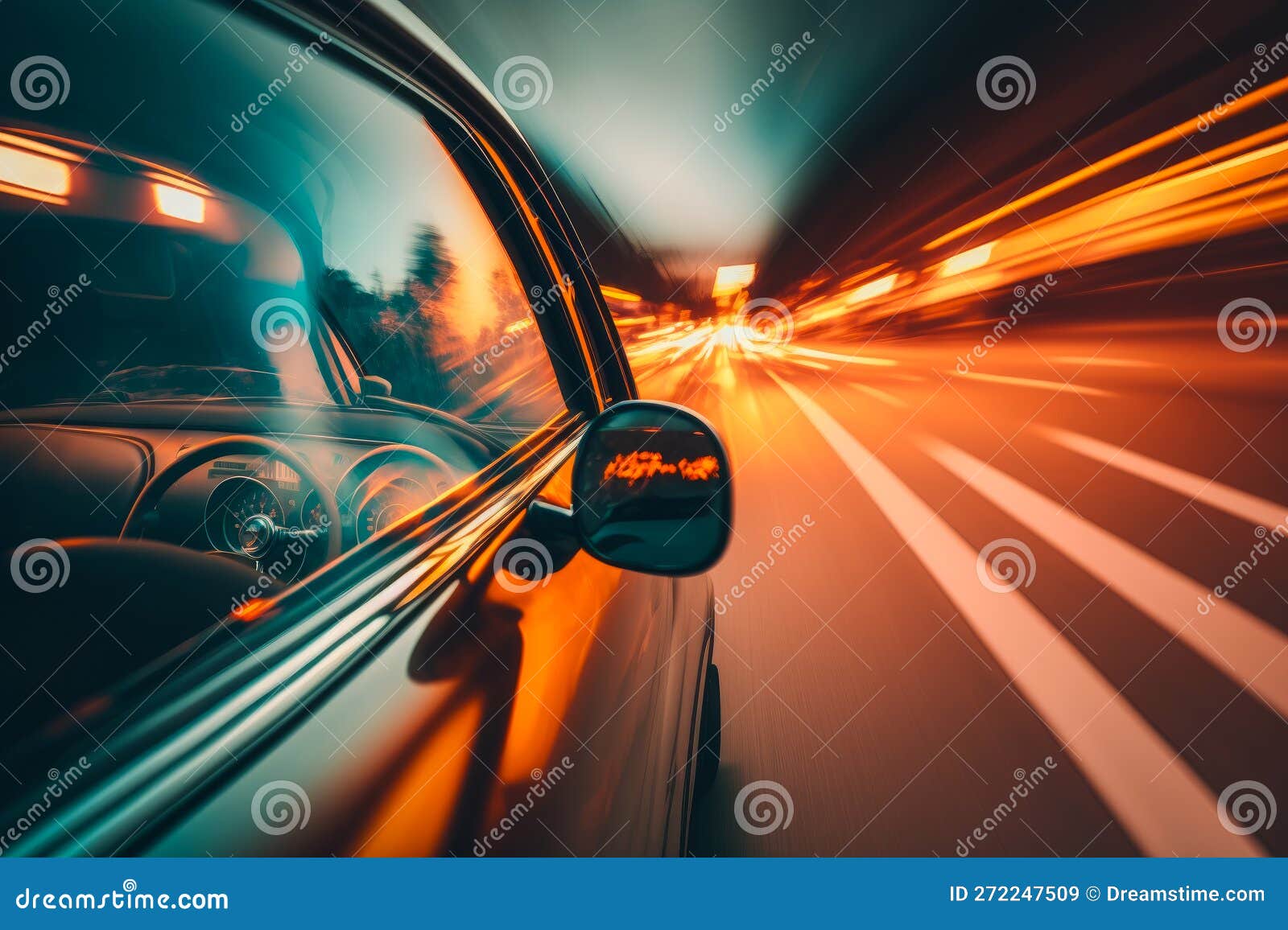 An Image of Car Driving Down the Road at Night. Generative AI Stock