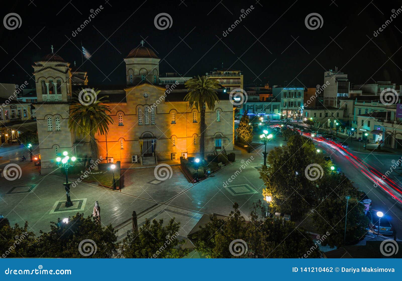 Central Square in Argos at Night, Greece Editorial Photography Image