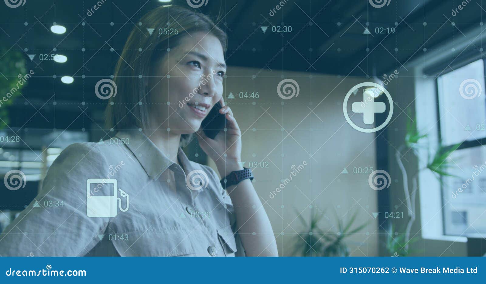 image of changing numbers and multiple icons over asian woman standing and talking on cellphone
