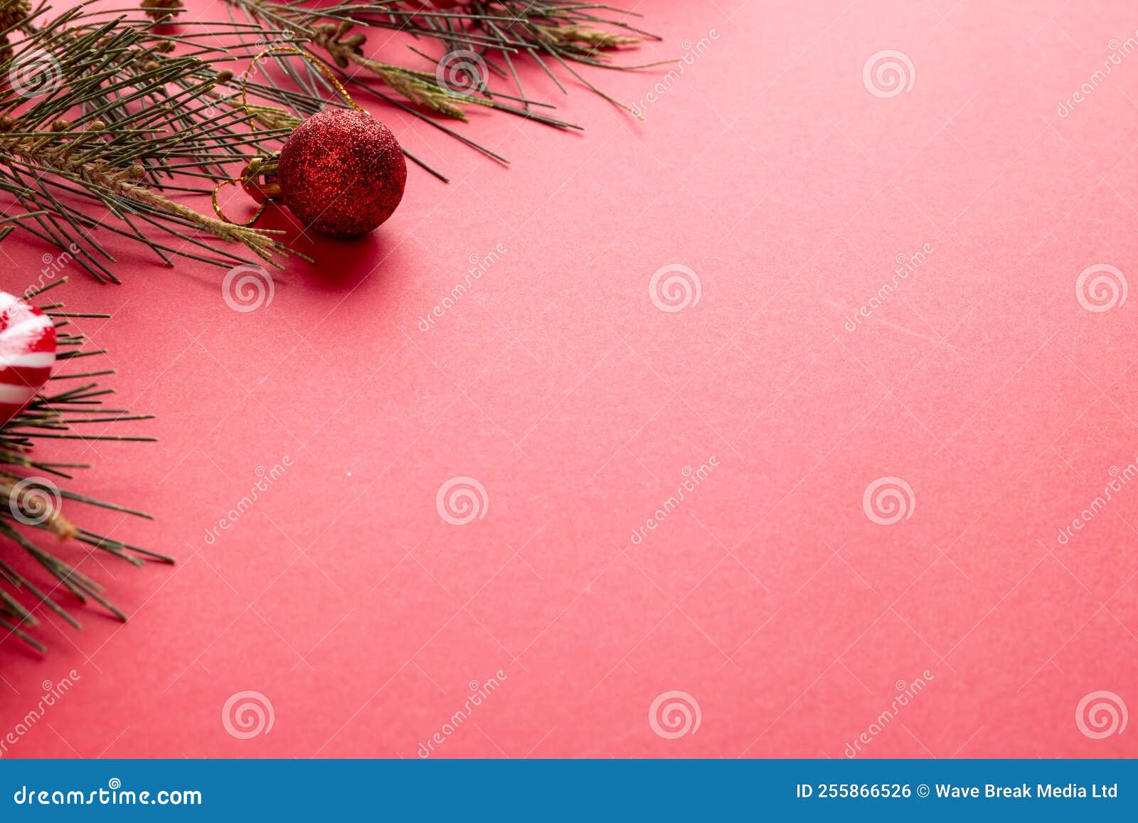 Image of Christmas Decoration and Copy Space on Red Background Stock