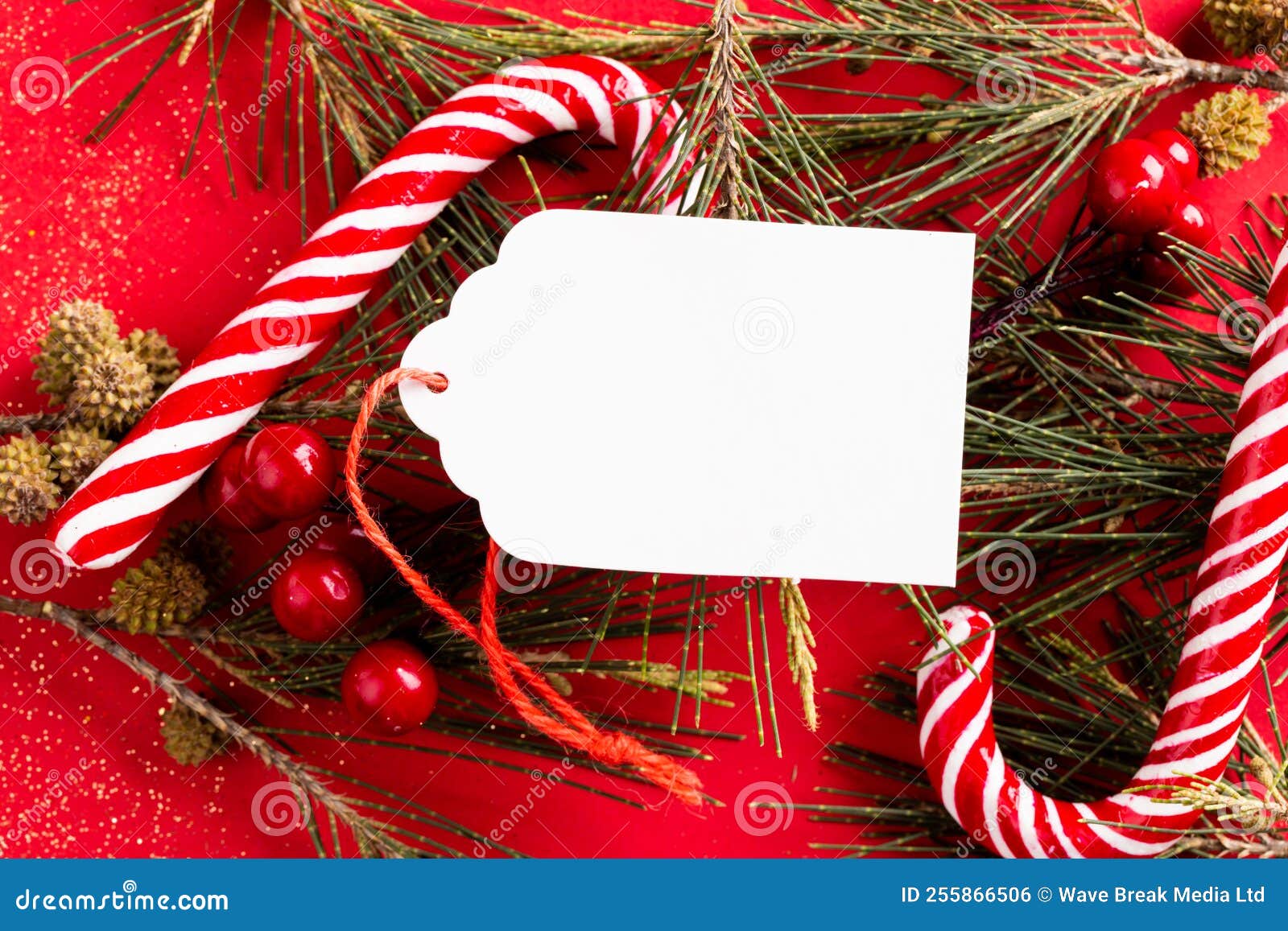 Image of Christmas Decoration with Gif Tag and Copy Space on Red Background  Stock Photo - Image of vector, decoration: 255866506