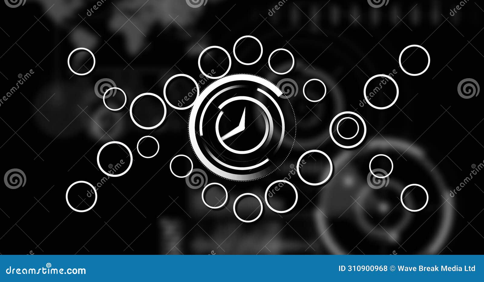 image of clock moving over dna strand with data processing on black background