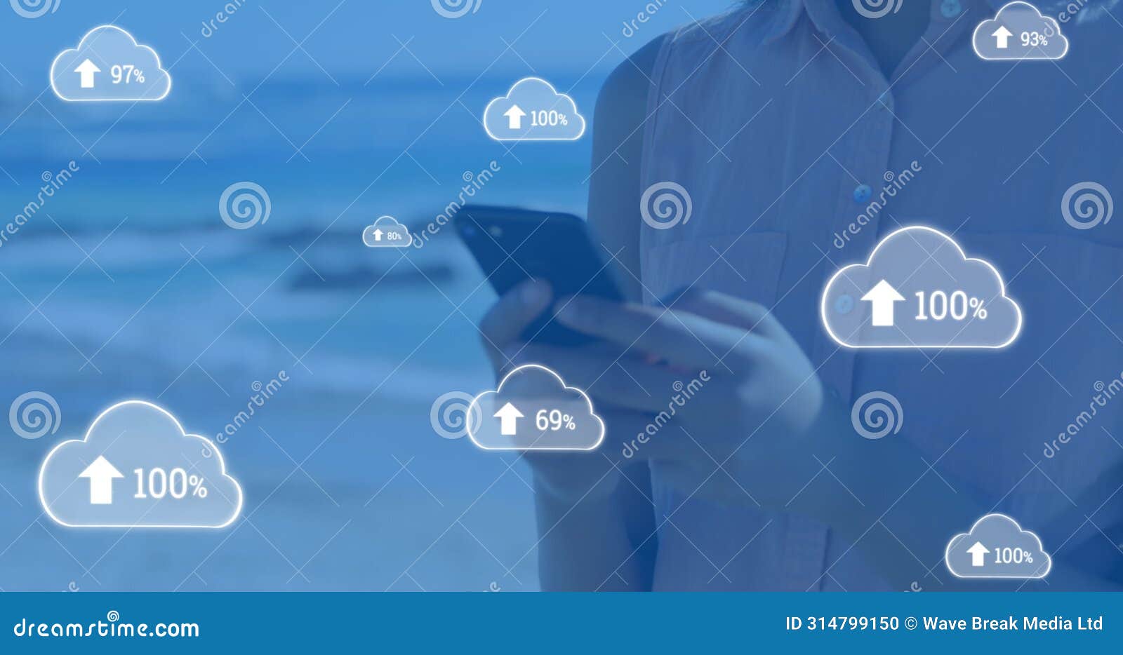 image of clouds with arrows and percent going up over caucasian woman using smartphone