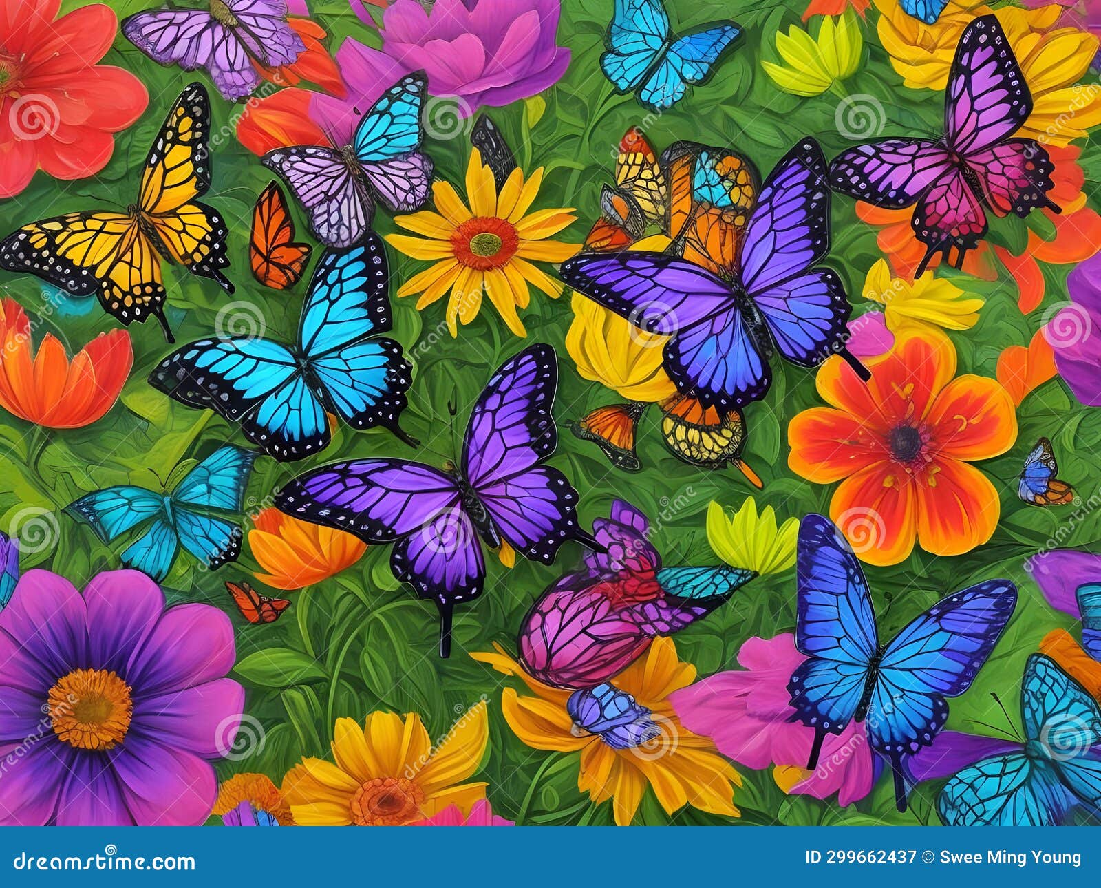 Image of Colorful Flowers and Butterflies in Medium Impasto Style