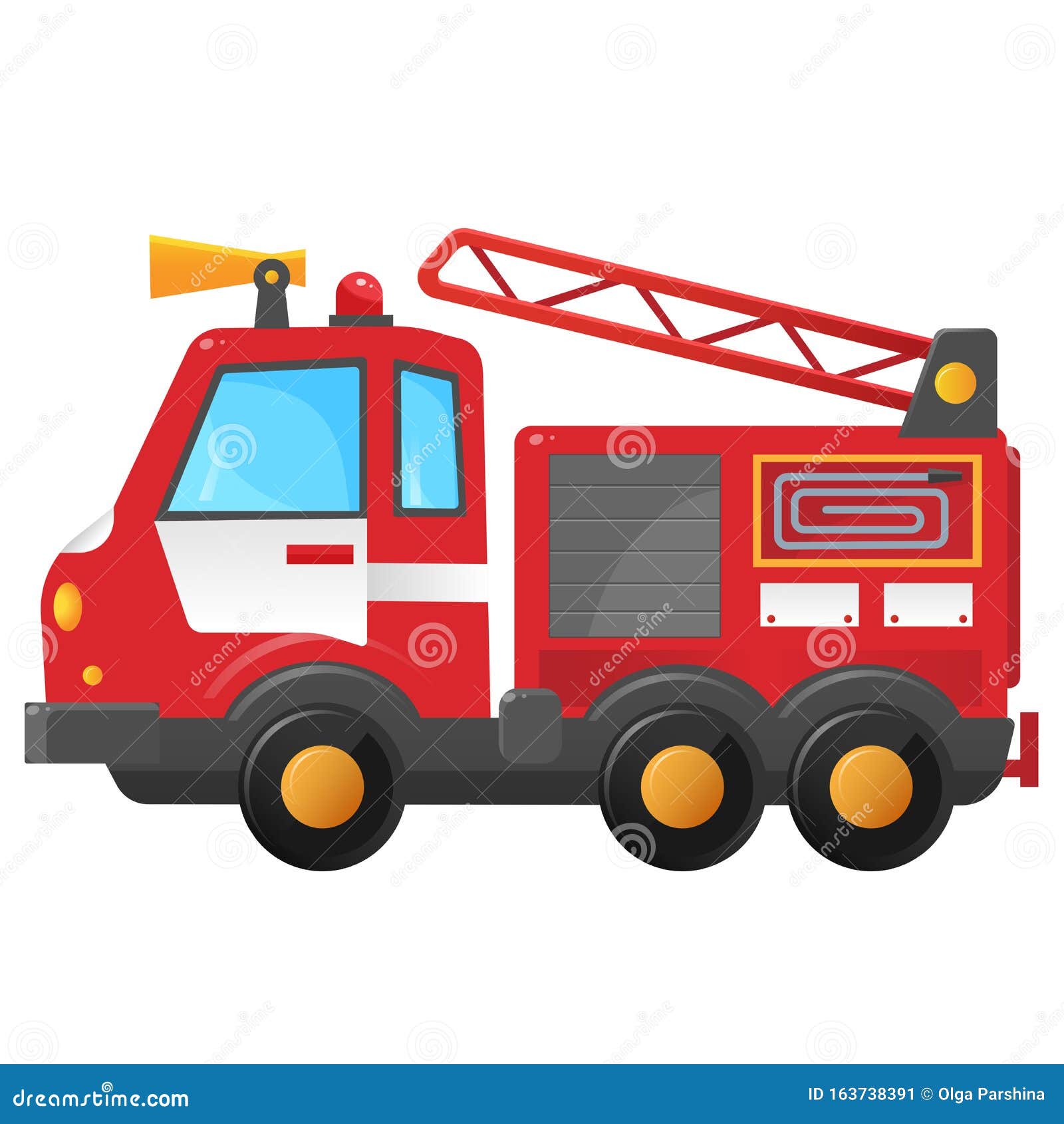 Illustration pour enfants de pompiers dans un camion de pompiers