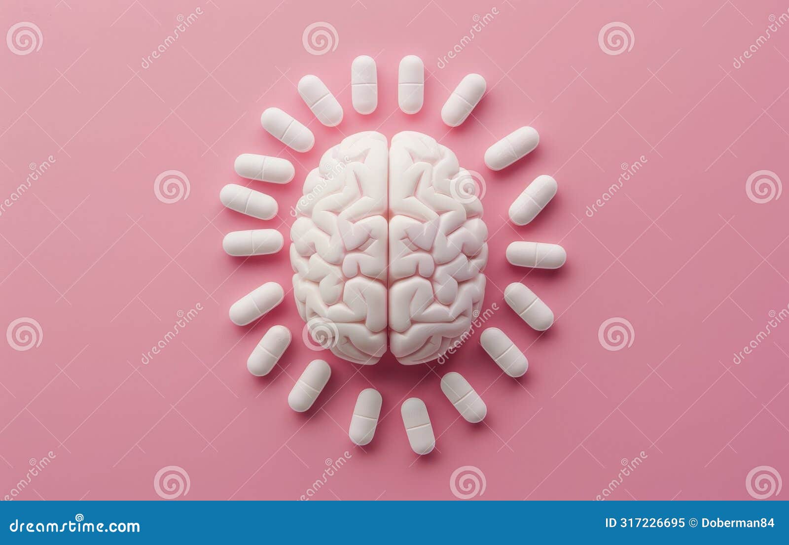 conceptual image of brain health and cognitive function with pills on pink background