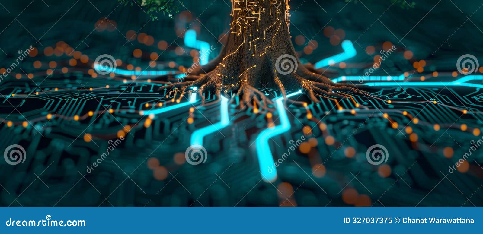 tree roots growing on futuristic circuit board nature and technology connection sustainable future digital growth concept