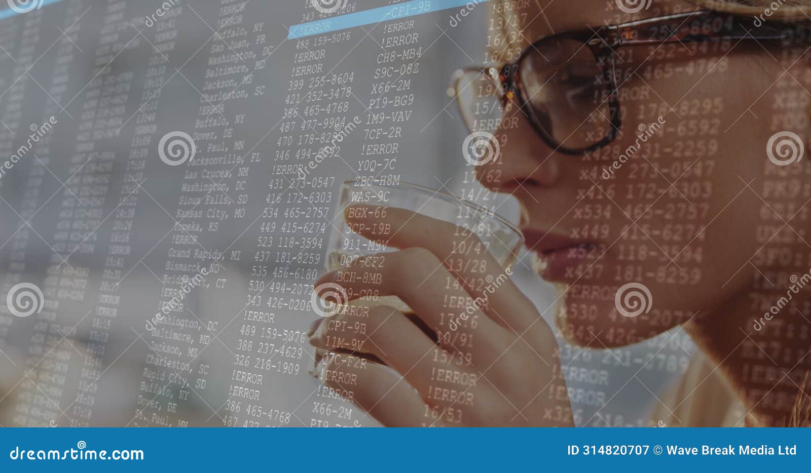 image of data processing against close up of a caucasian woman drinking coffee