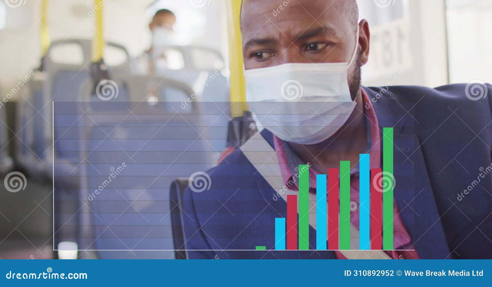image of data processing over african american businessman using smartphone in bus