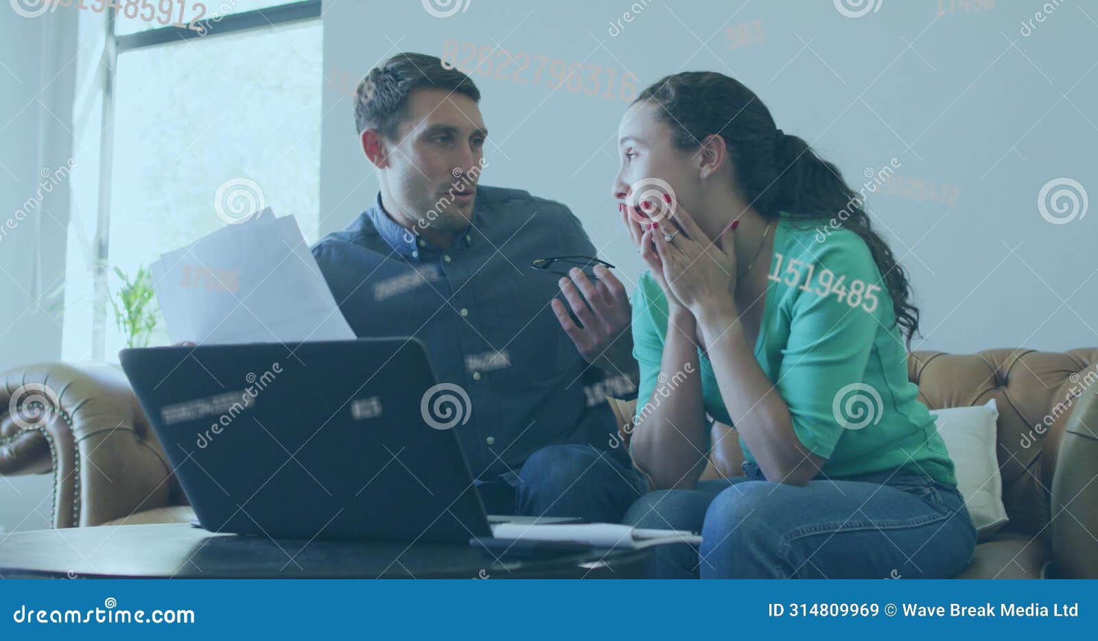 image of data processing over caucasian couple using laptop