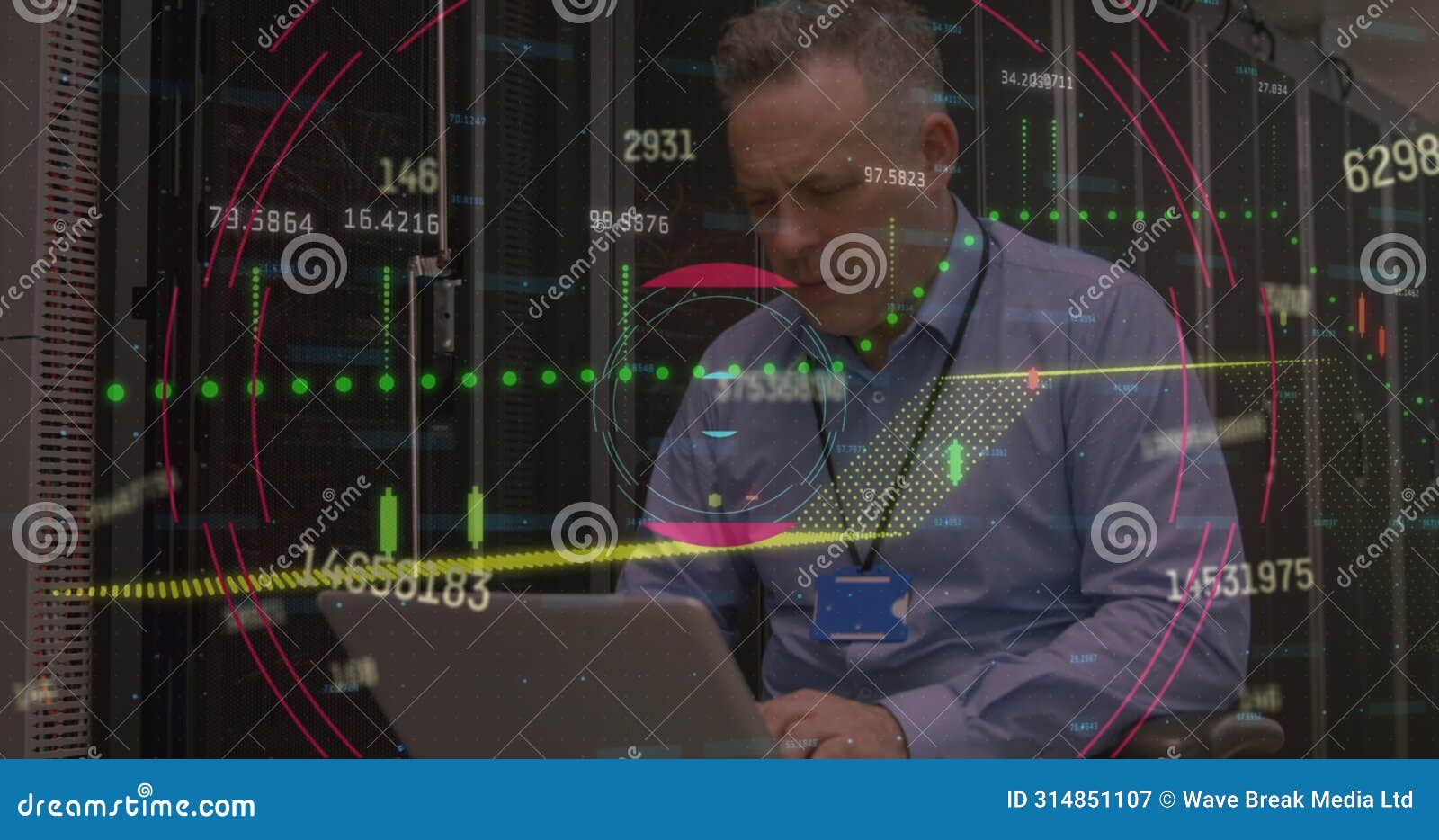 image of data processing over caucasian man using computer in server room