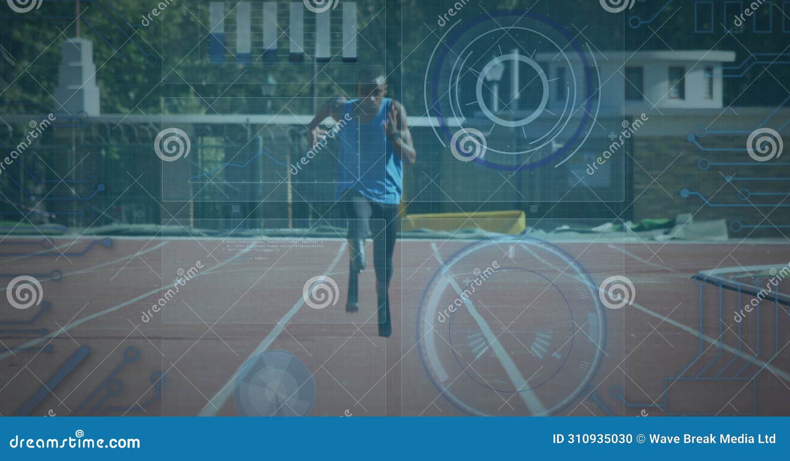 image of data processing over disabled african american male runner