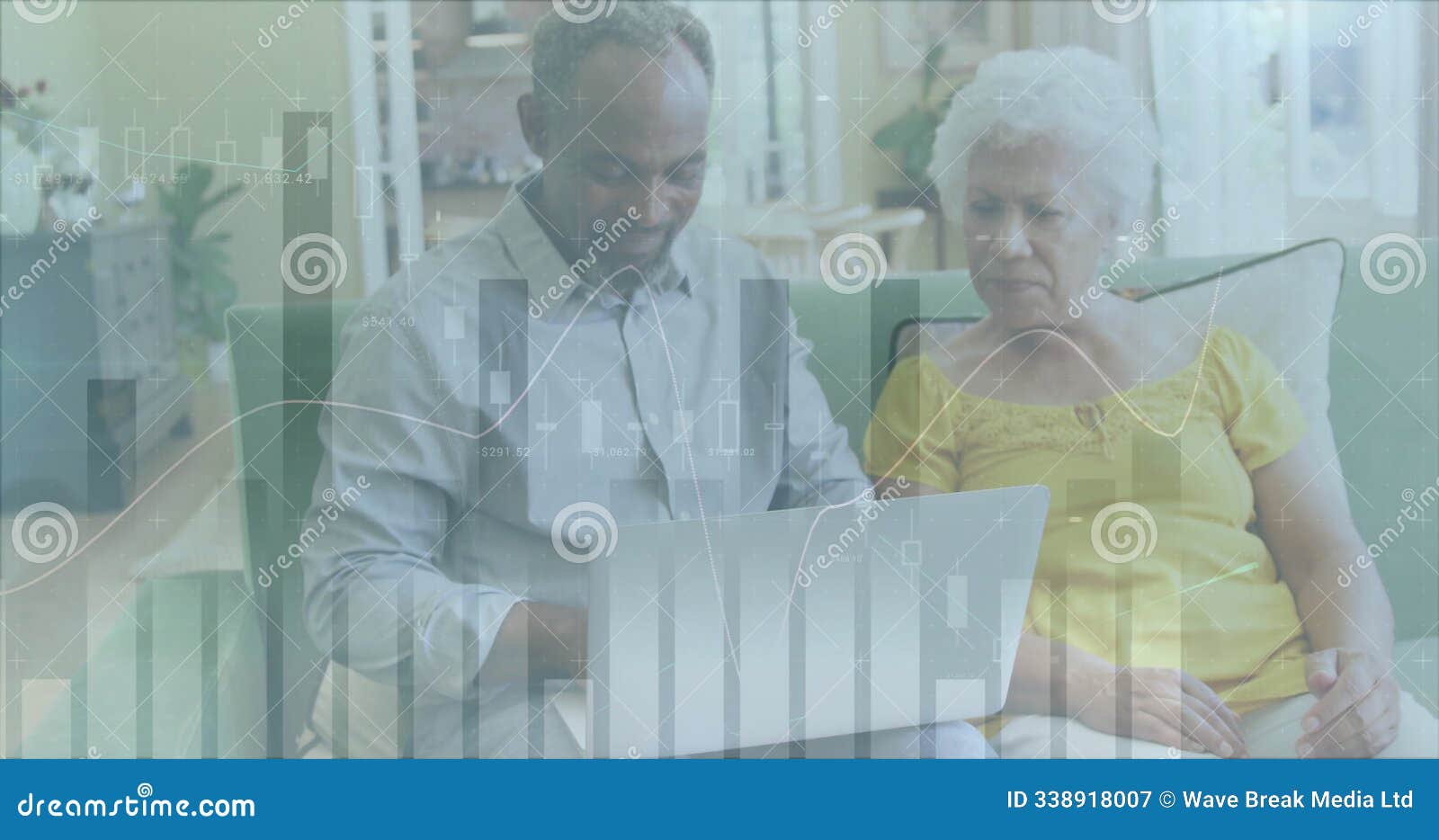 image of data processing over diverse senior couple using laptop
