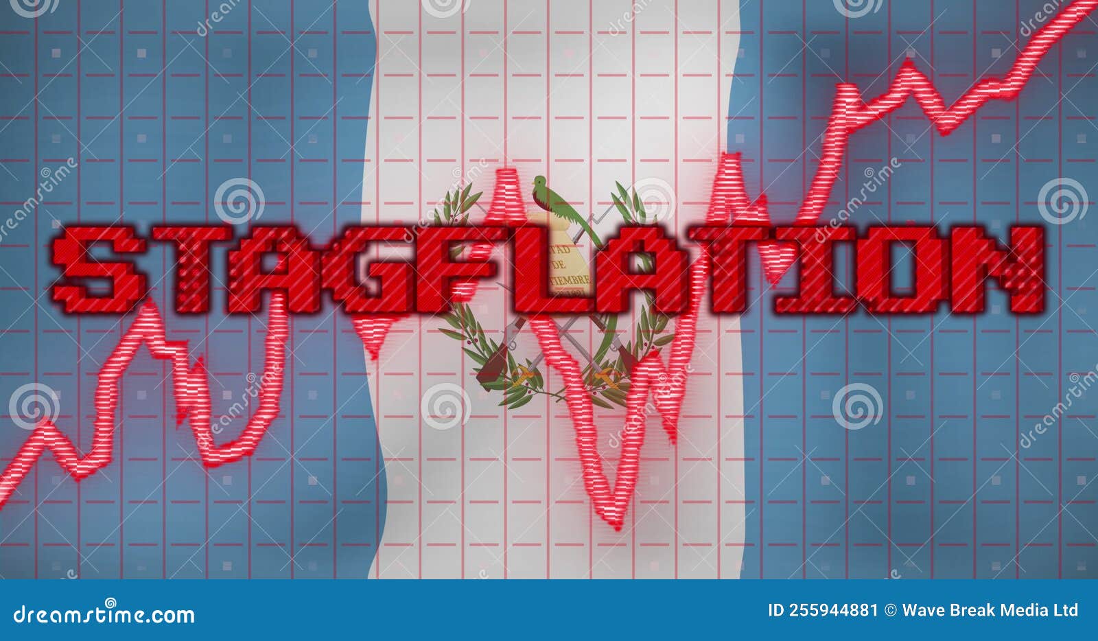 image of data processing and stagflation text over flag of guatemala