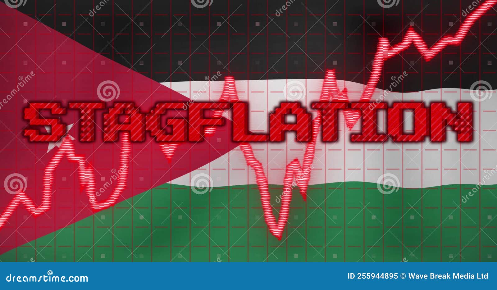 image of data processing and stagflation text over flag of palestine