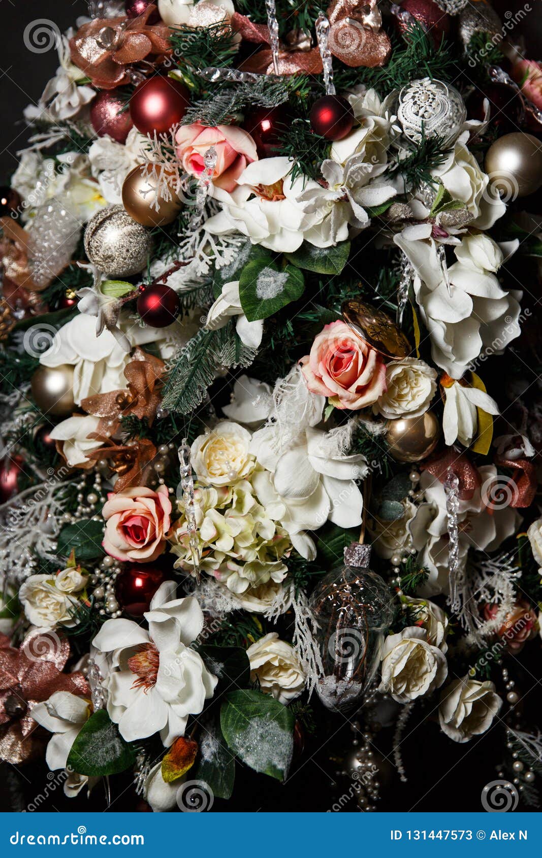 Image of Decorated Christmas Tree with Cones, White Flowers Stock Image