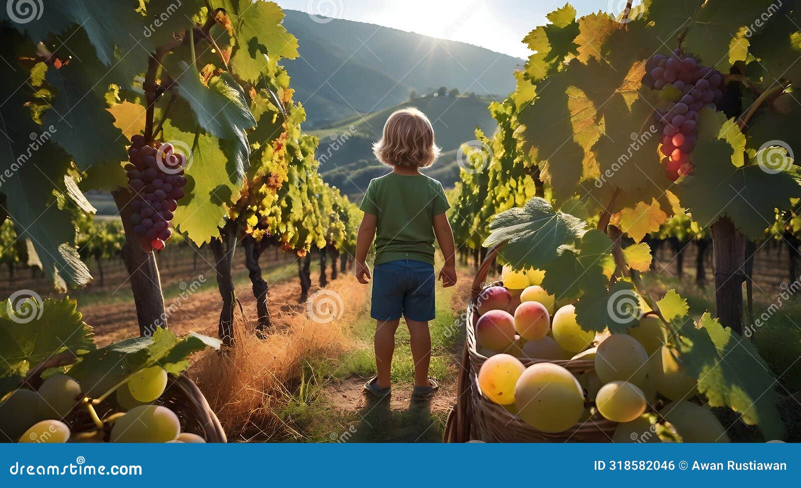 small child sitting under large tree surrounded by abundance of fruits