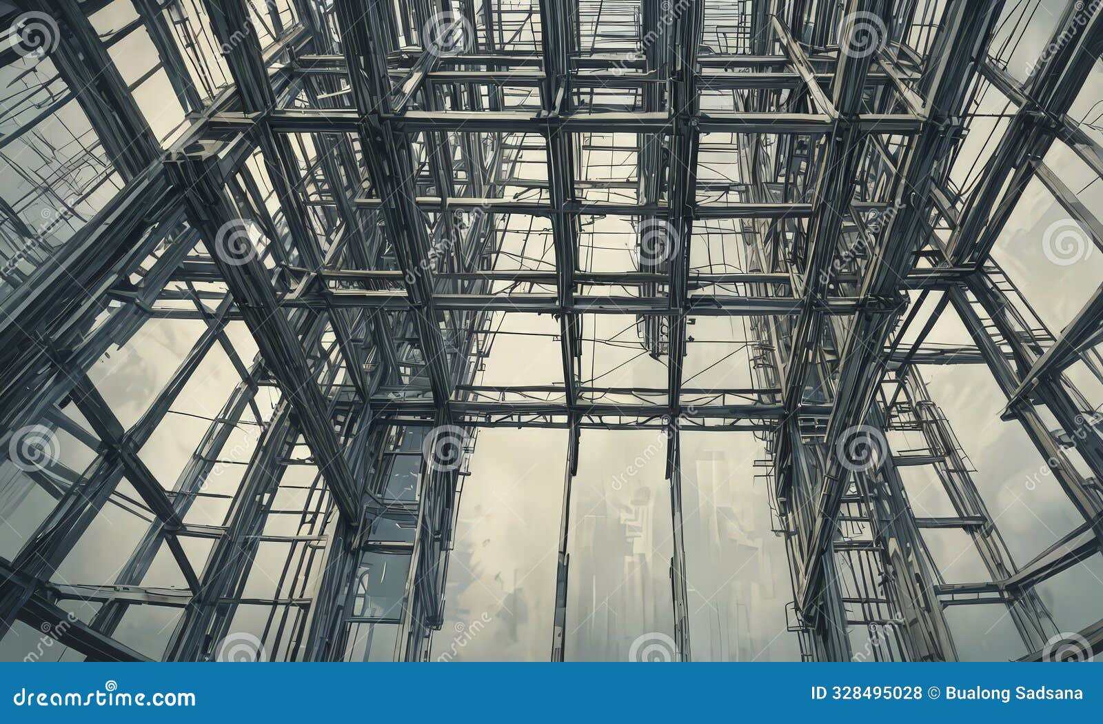 complex network metal beams and trusses, arranged in grid-like pattern, creates sense depth and perspective
