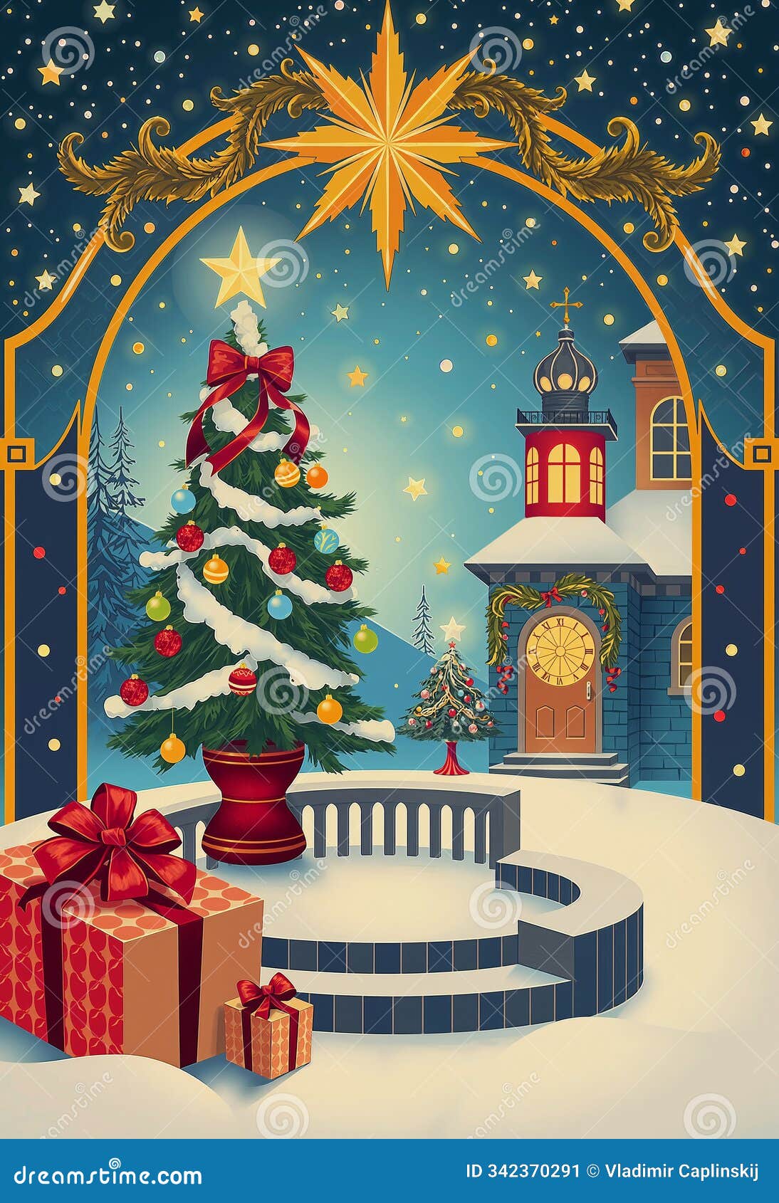 the image depicts a festive christmas scene with a decorated christmas tree, presents, and a church with a clock tower