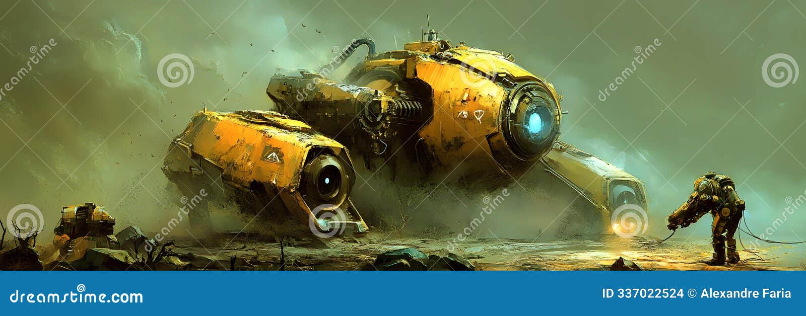 futuristic battle scene with yellow robot