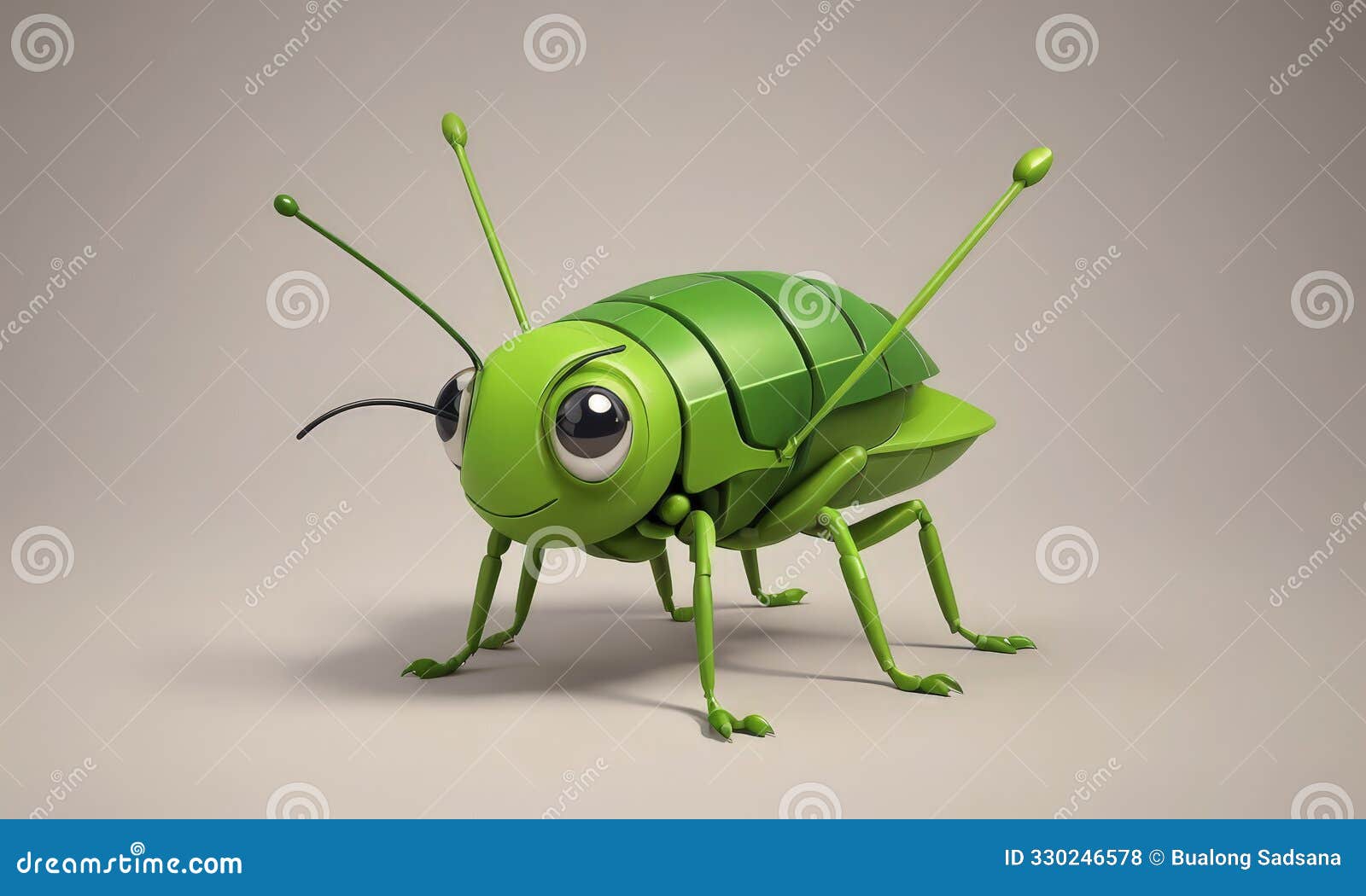 green toy cricket with large eyes and antennae stands on gray background, appearing to be in motion.