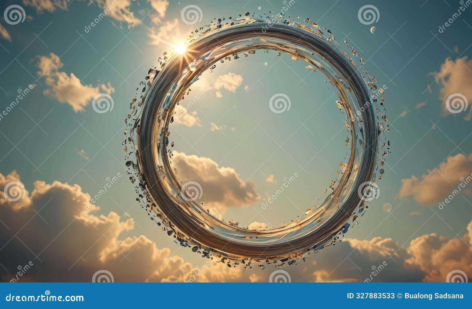 large circular frame, resembling ring, is set against backdrop blue sky with scattered clouds and the sun's