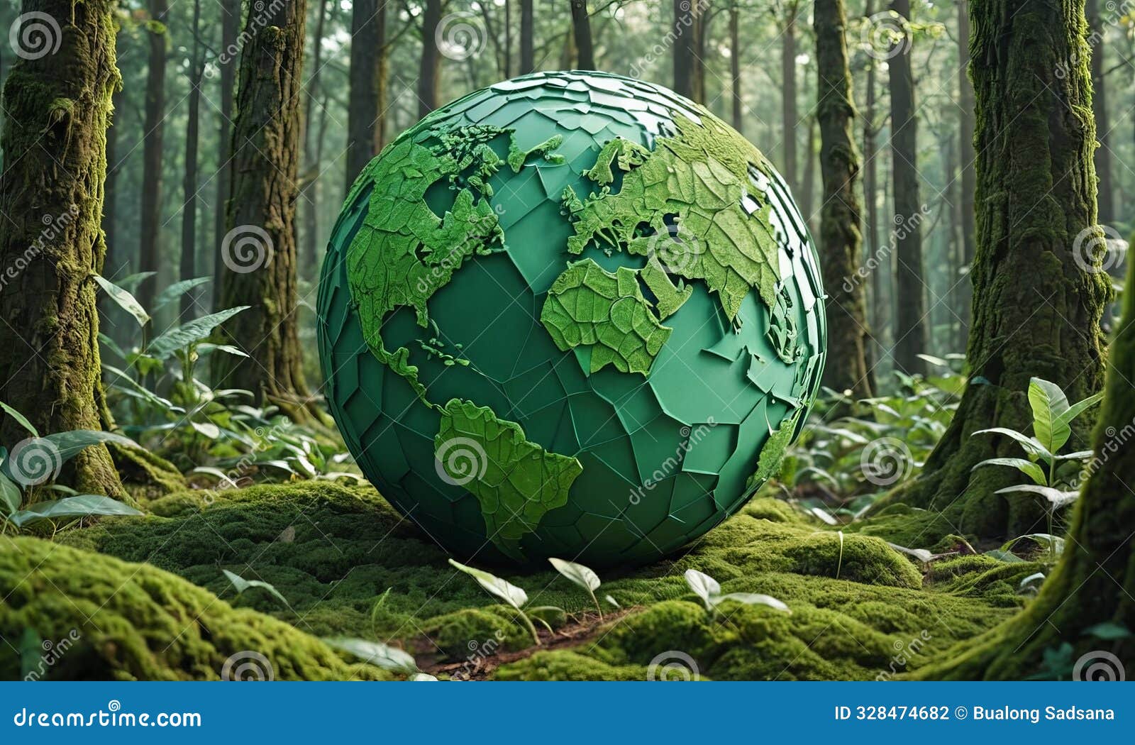 3d green, spherical earth with map the continents and oceans, surrounded by lush forest with tall trees and