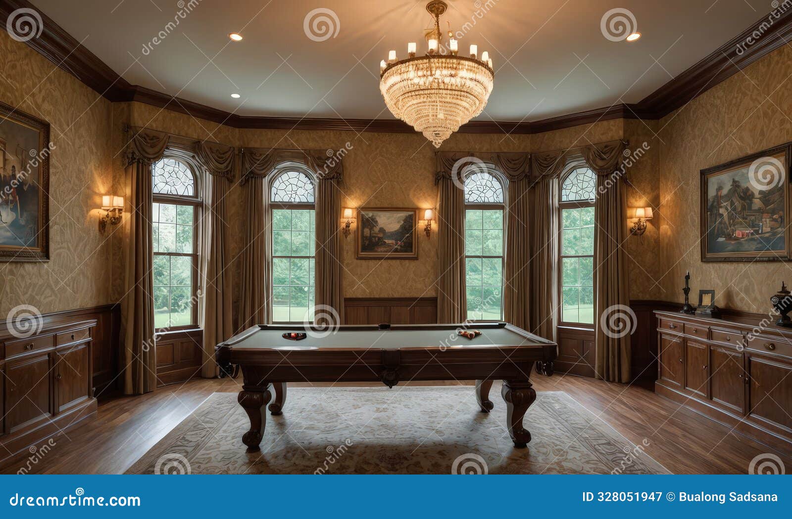 luxurious room with pool table, chandelier, and large windows, featuring wood paneling and paintings on the