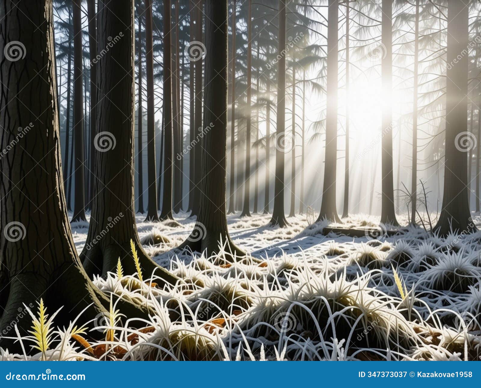 ai generation. enchanted winter forest illuminated by sun rays