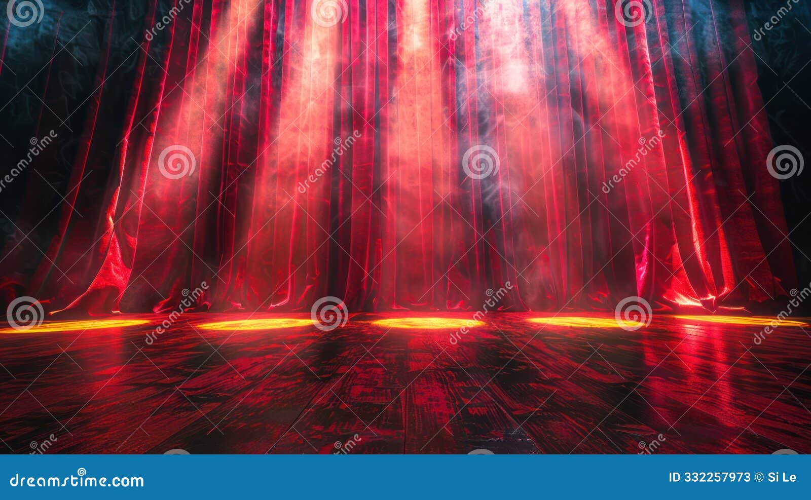 red curtain closed on stage with spotlight