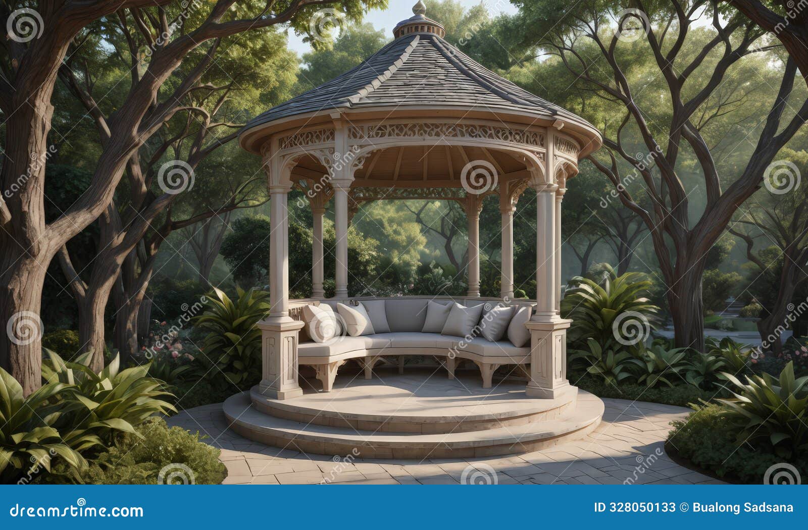 white gazebo with curved roof and four columns stands in lush garden, surrounded by trees and greenery.