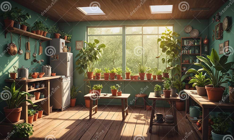 Cozy Indoor Garden Room with Large Window Wooden Floor and Shelves