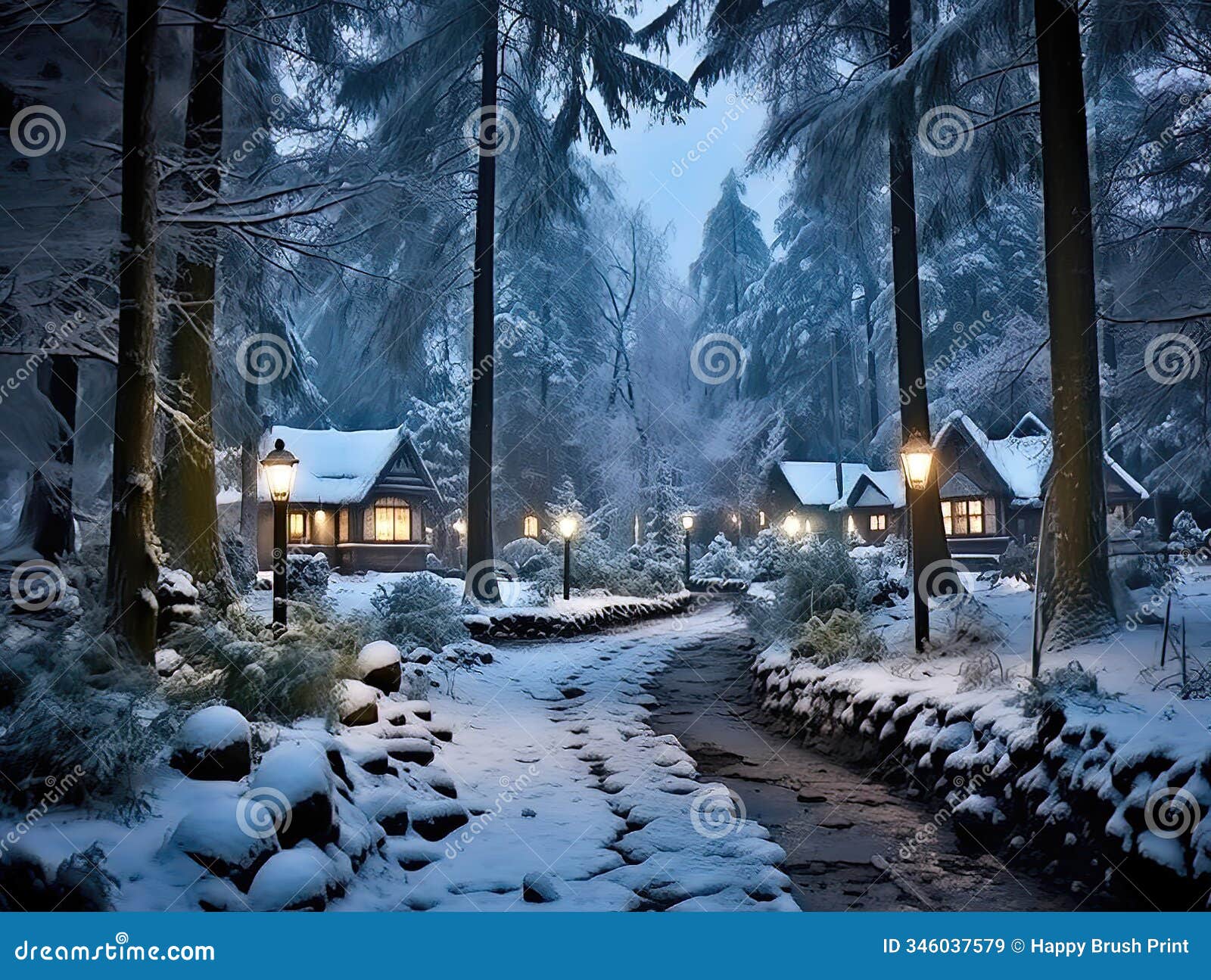 this image depicts a serene, snowy forest under a starlit night sky