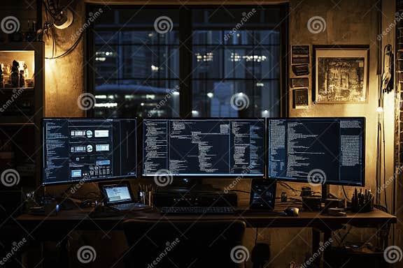 A Modern Workspace with Three Large Monitors Displaying Code at Night ...