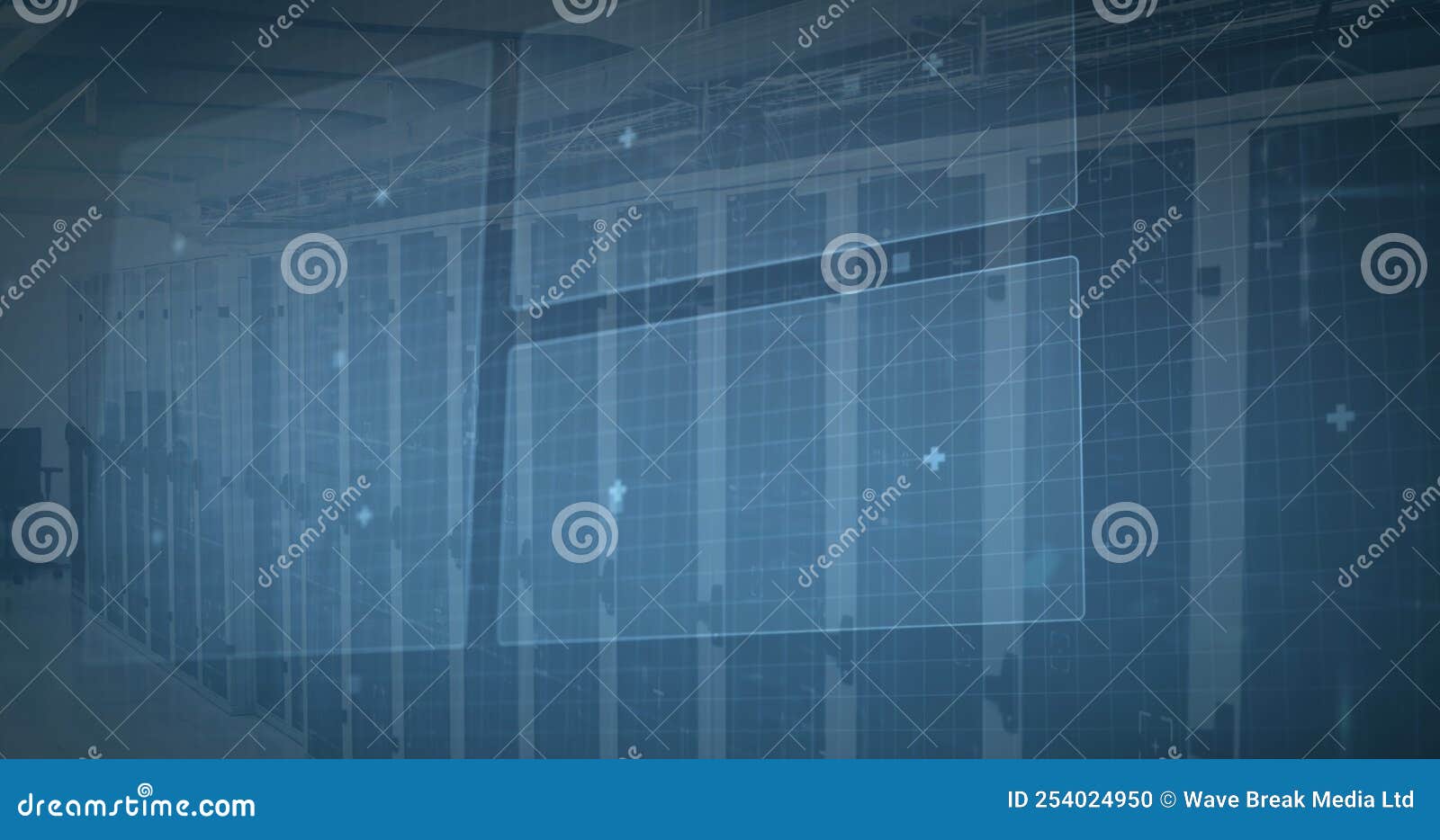 Image of Digital Data Processing on Screens Over Computer Servers Stock