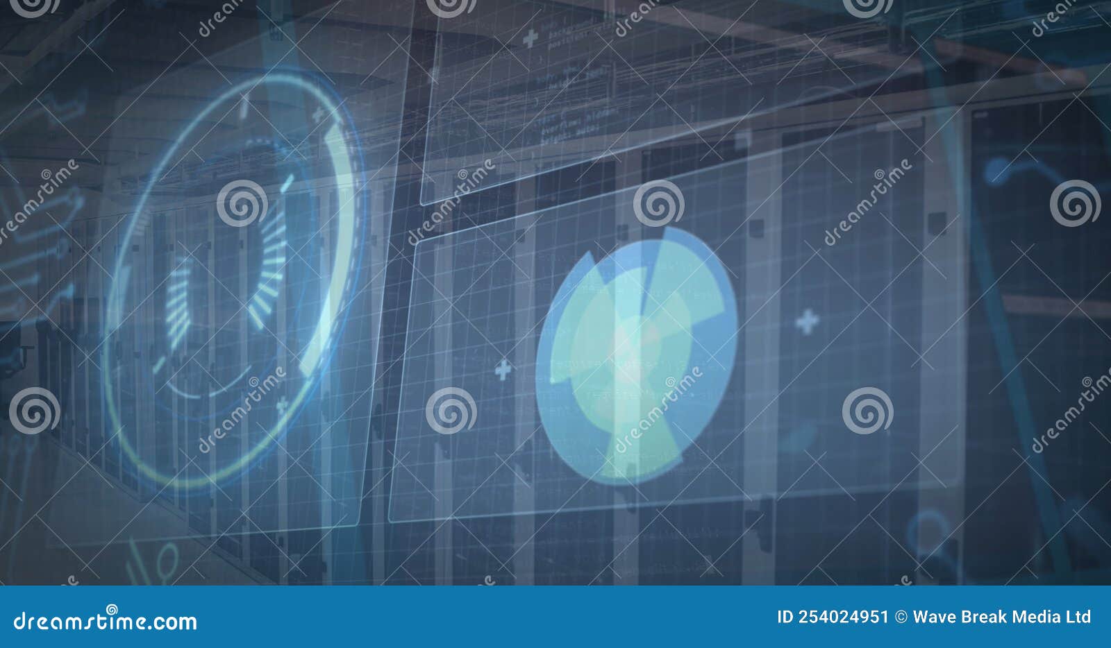 Image of Digital Data Processing on Screens Over Computer Servers Stock