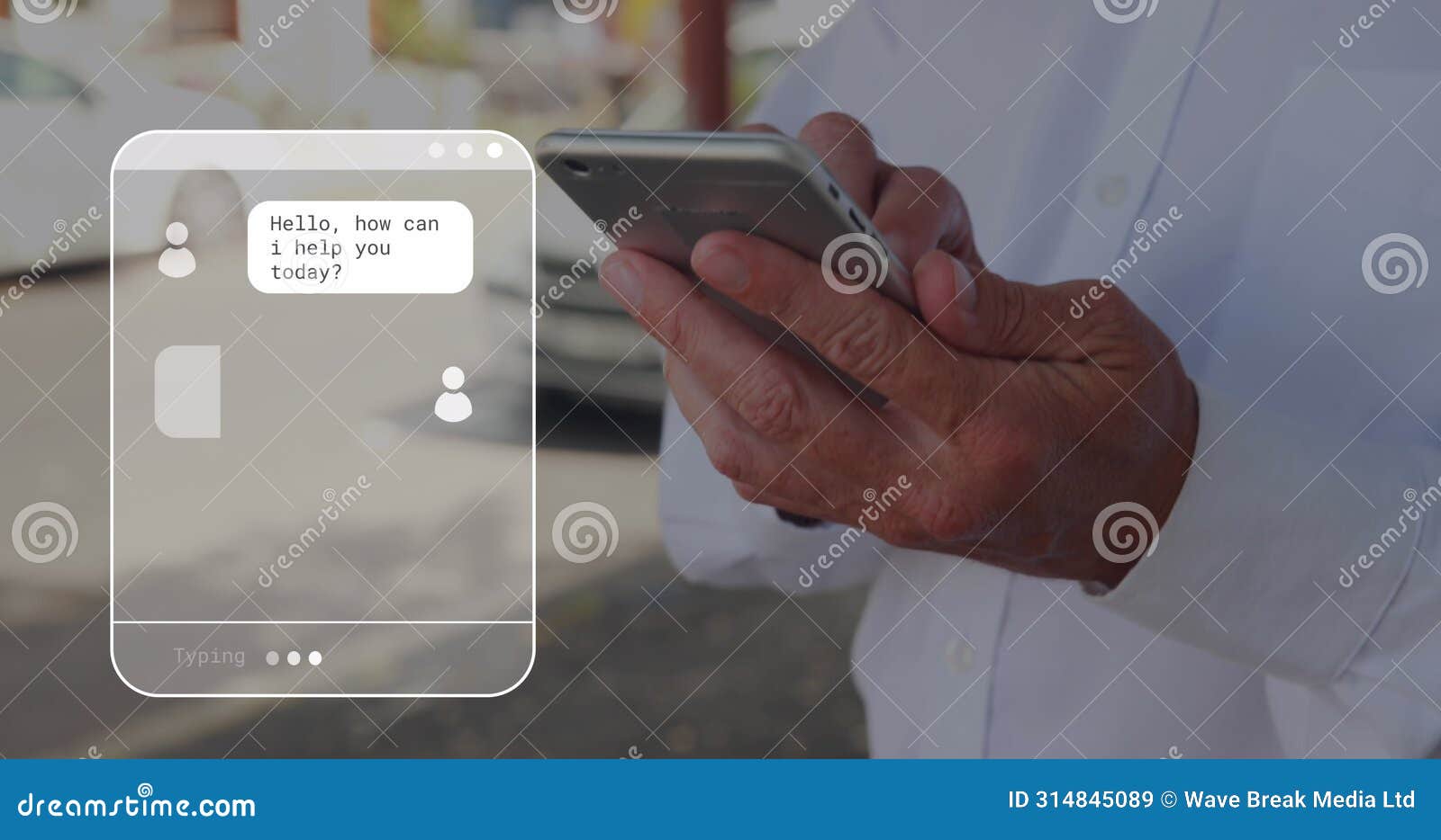 image of digital interface with online communicator over man using smartphone