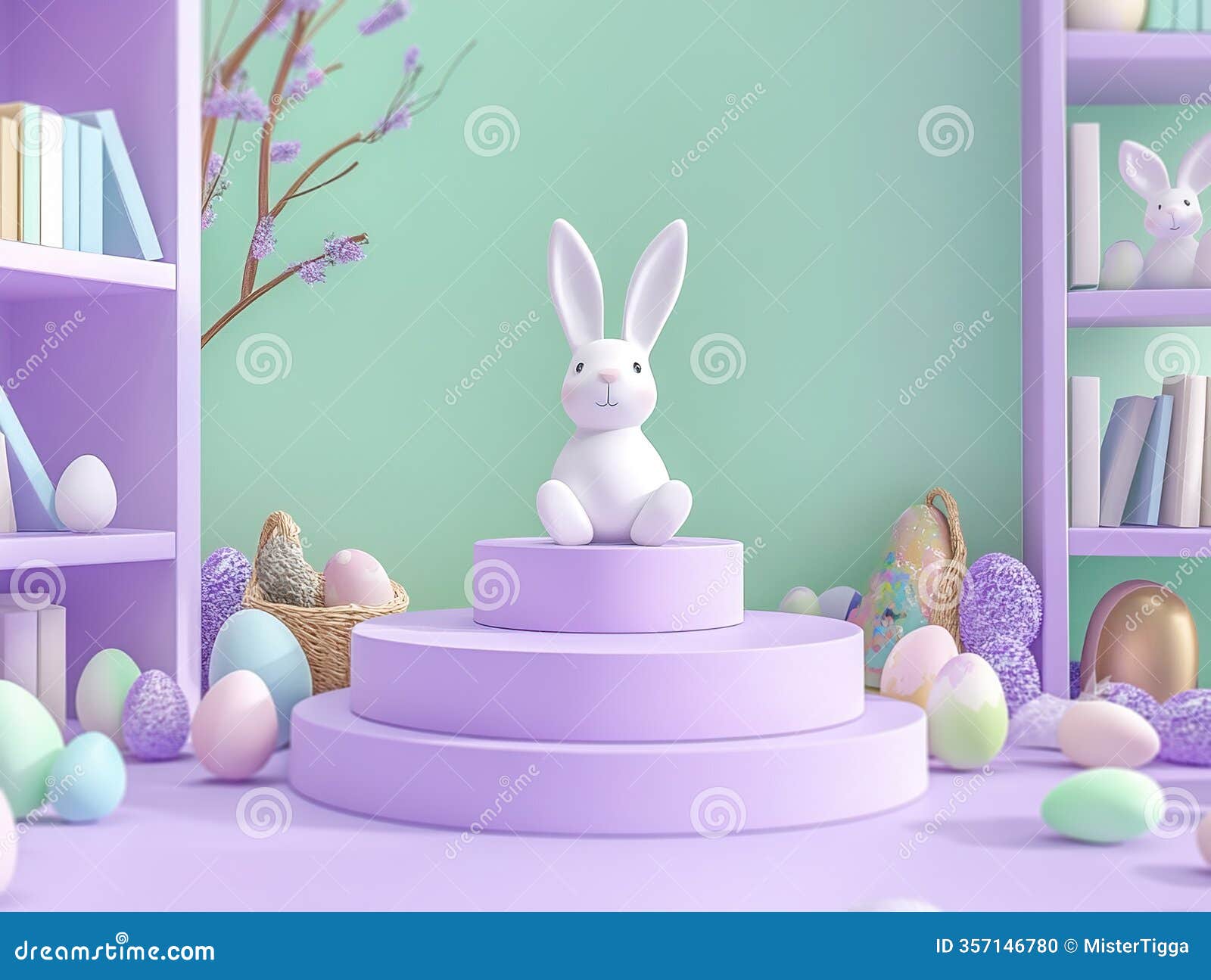 image displays easter theme with a stack of three purple eggs, a plush rabbit, and assorted colored eggs books are