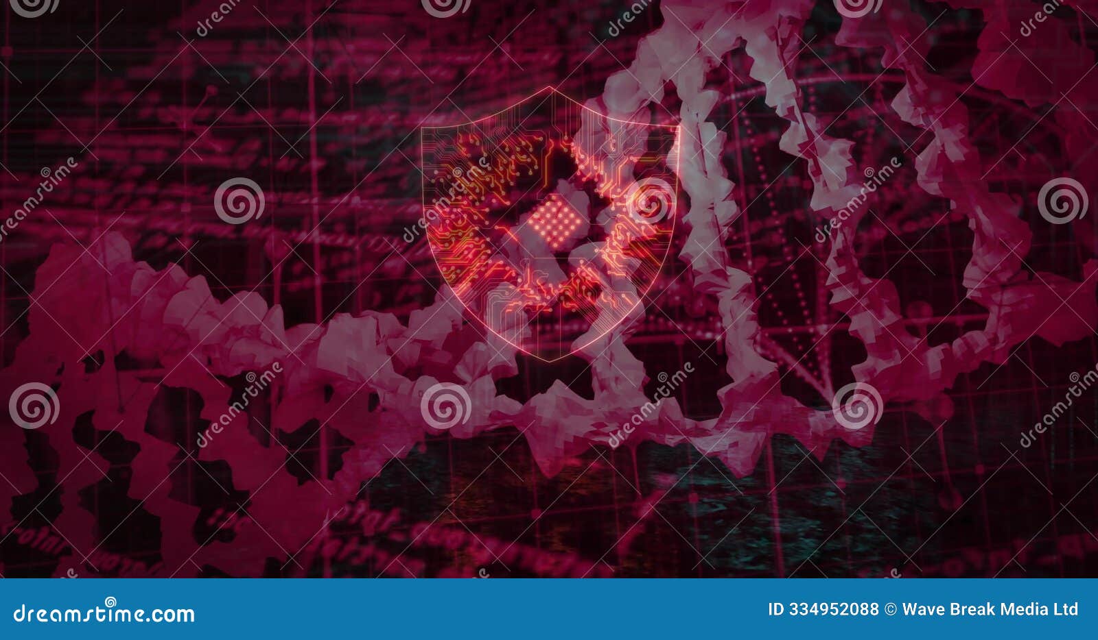 image of dna strand, shield and digital data processing over globe
