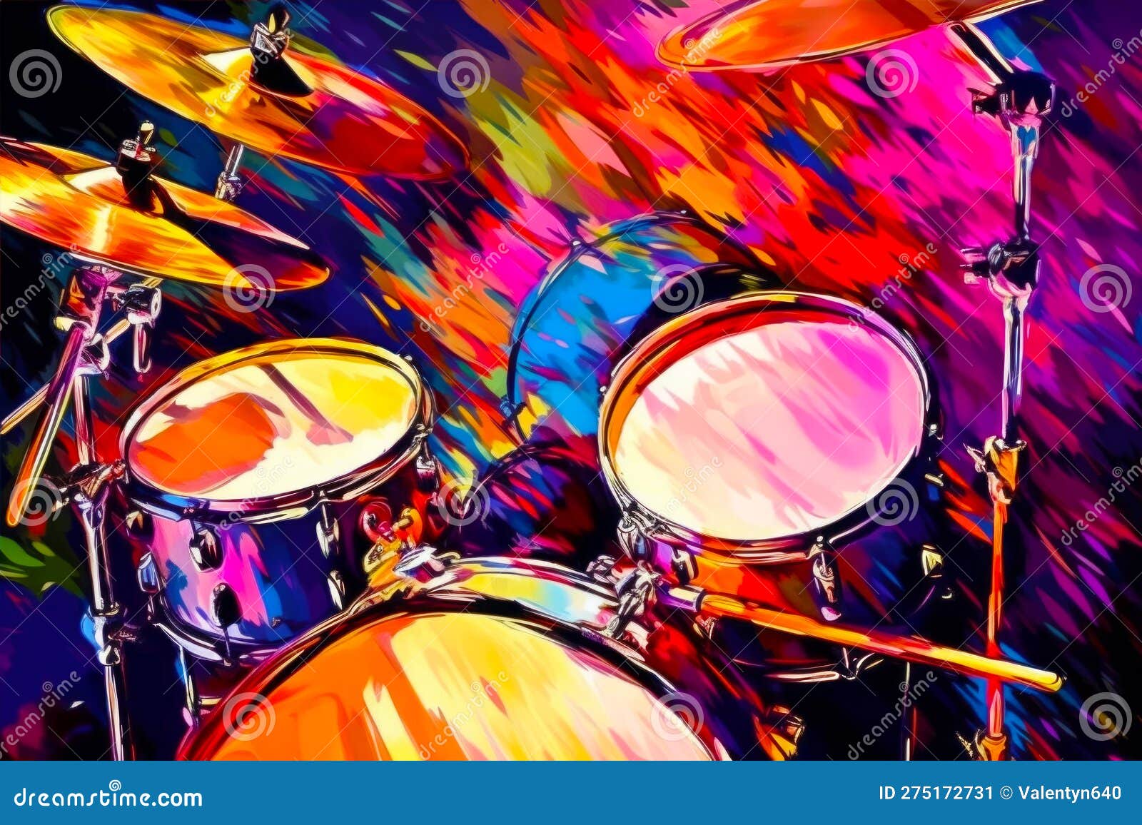Image of Drum Set on Colorful Background with Splash of Paint