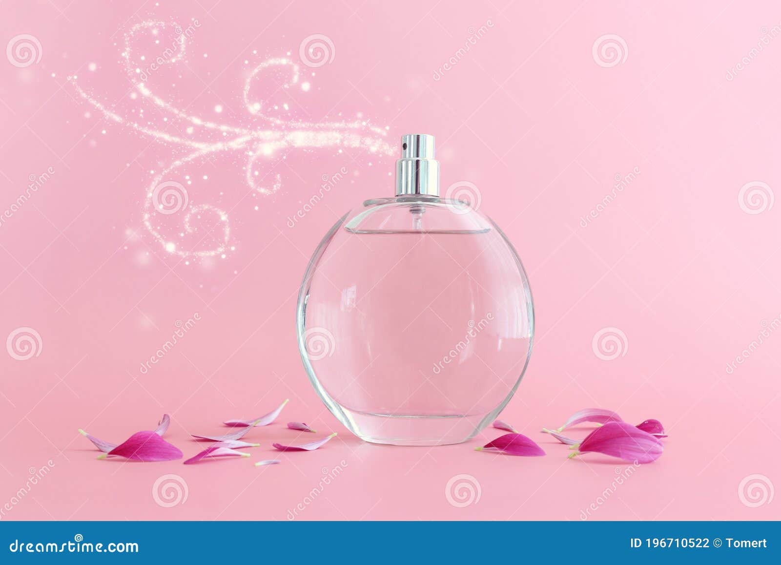 image of elegant perfume bottle spraying over pink pastel background