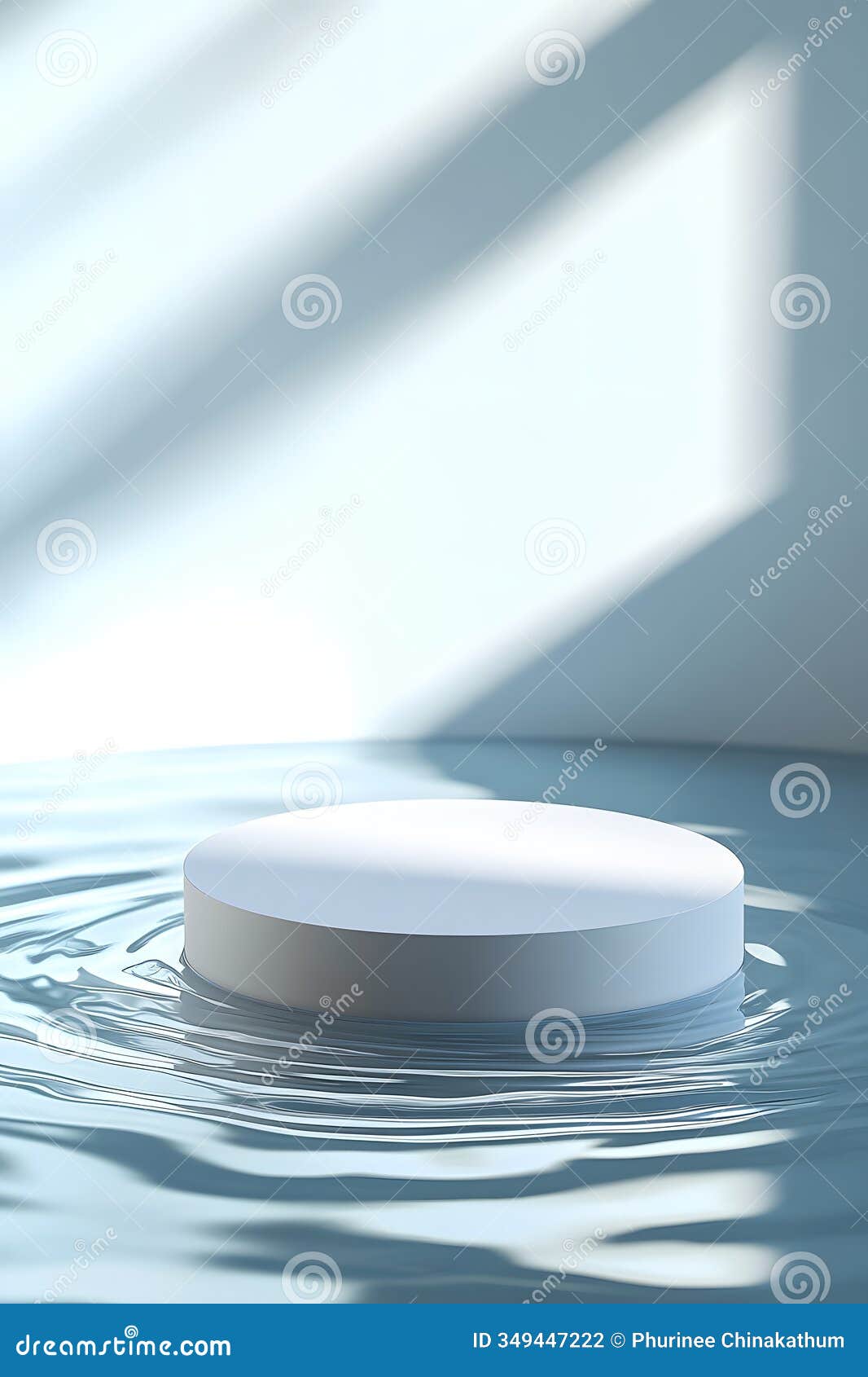 the image features a blank white round podium set against a background of gentle water ripples the scene is ultrarealistic and